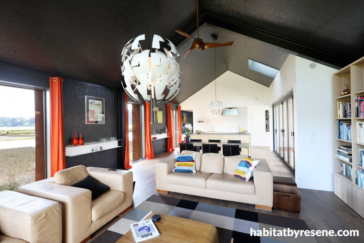 living room, lounge, black living room, black lounge, black and white interior, resene nocturnal