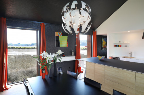 kitchen, dining room, black and white kitchen, black dining room, black interior, resene nocturnal