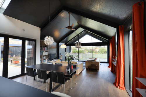 dining room, black dining room, black and white, black ceiling, resene nocturnal, black interior