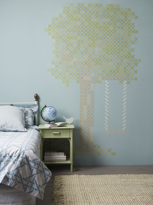 feature wall, bedroom, blue bedroom, tree feature wall, nature inspired wall, cross stitch
