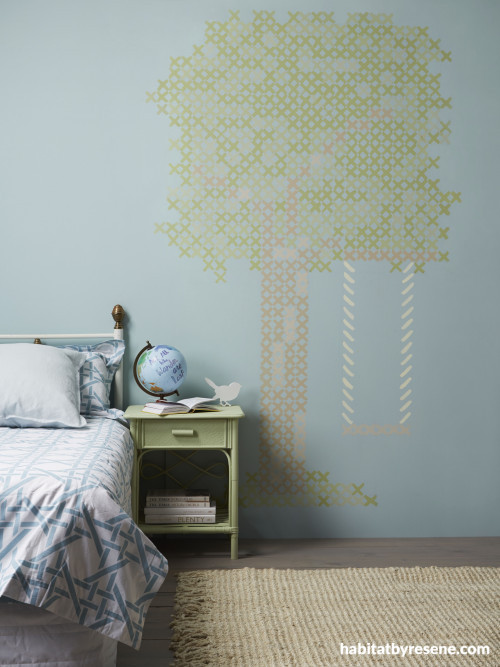 feature wall, bedroom, blue bedroom, tree feature wall, nature inspired wall, cross stitch 