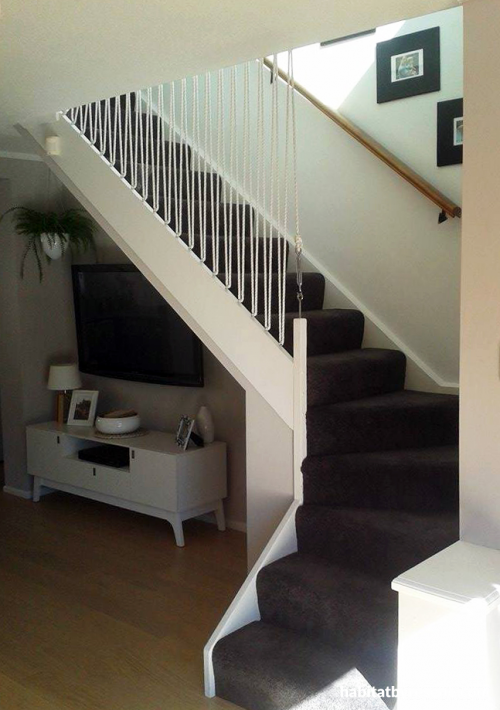 coastal cottage, neutrals, stairwell, white stairwell, rope banister, staircase 