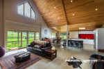 kitchen, living room, lounge, open-plan living, red splashback, high ceiling, interior design