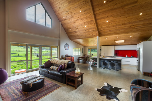 kitchen, living room, lounge, open-plan living, red splashback, high ceiling, interior design