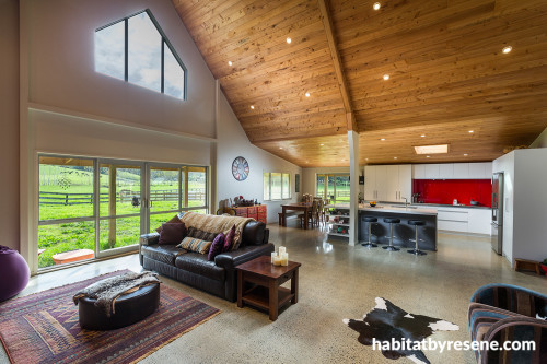 kitchen, living room, lounge, open-plan living, red splashback, high ceiling, interior design