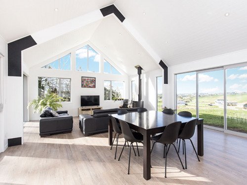 living room, white living room, white dining room, black and white, indoor outdoor flow