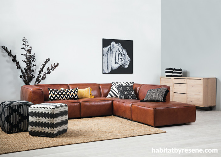 lounge, living room, grey living room, grey lounge, grey feature wall, leather couch
