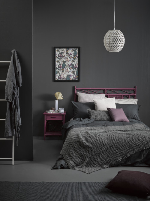 bedroom, tropical bedroom, grey bedroom, grey and pink, dark bedroom, resene bokara grey