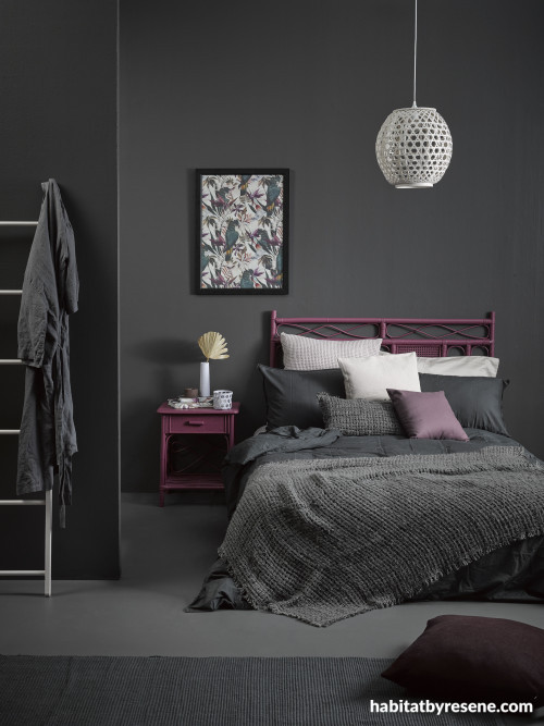 bedroom, tropical bedroom, grey bedroom, grey and pink, dark bedroom, resene bokara grey