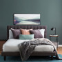 bedroom, grey feature wall, grey bedroom, nood furniture, blue rug, resene dark slate