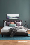 bedroom, grey feature wall, grey bedroom, nood furniture, blue rug, resene dark slate