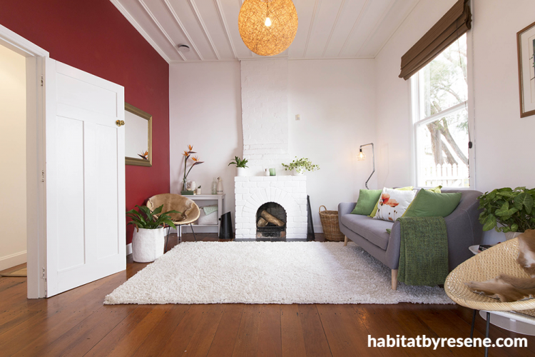 Living room, lounge, red, painted bricks, painted fireplace, paint ideas, paint trends