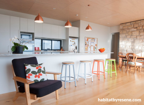 kitchen, white kitchen, wood ceiling, coloured bar stools, timber floors, white living room, resene