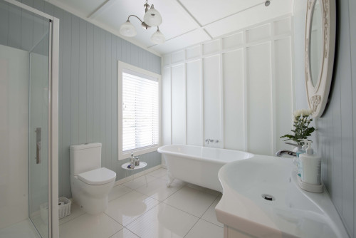 bathroom, white bathroom, blue bathroom, blue feature wall, pastel blue