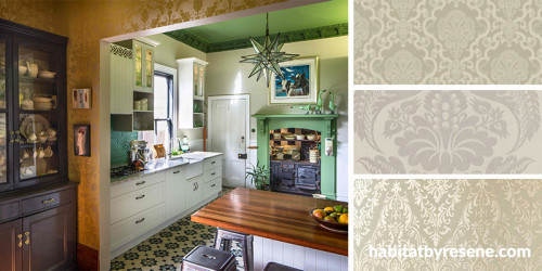 green ceiling, green kitchen, kitchen ideas, wallpaper ideas, dining room inspiration, interior idea