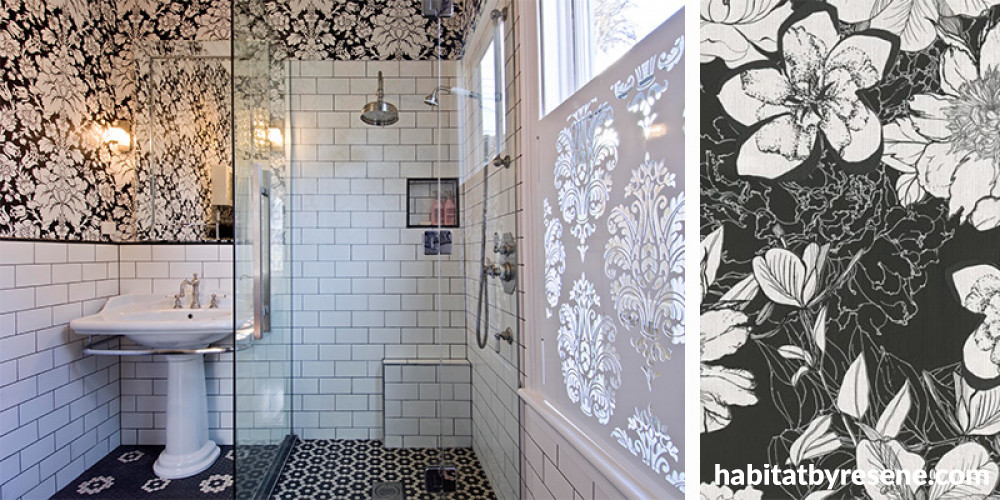 black and white bathroom, bathroom inspiration, bathroom ideas, wallpaper inspiration