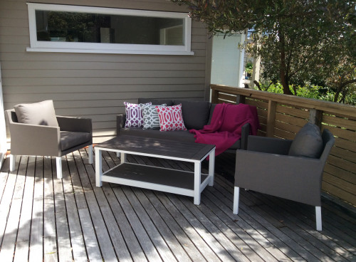 house exterior, deck, outdoor living, brown exterior, painted weatherboards, brown house