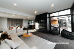 lounge, black and white lounge, grey lounge, black feature wall, open plan living, resene nero