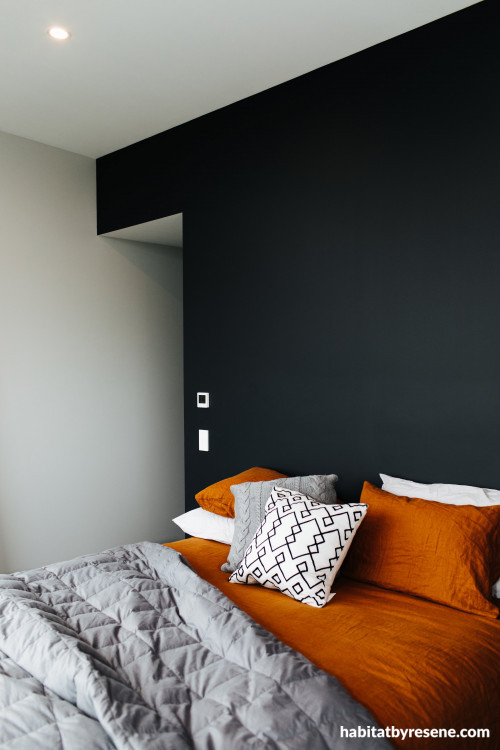 bedroom, black feature wall, black and white bedroom, black bedroom, grey bedroom, resene foundry