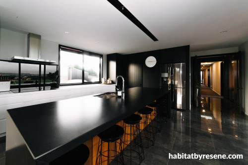 kitchen, black kitchen, resene nero, black and white kitchen, black benchtop, dark kitchen 