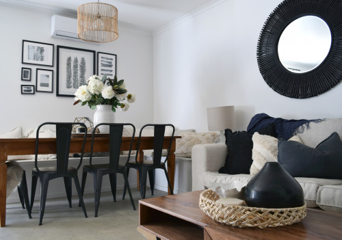 dining room, lounge, black and white living area, monochrome dining room, resene black white