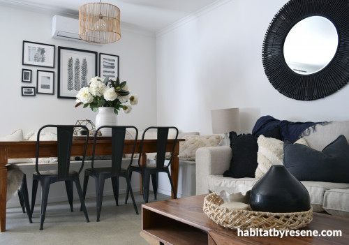 dining room, lounge, black and white living area, monochrome dining room, resene black white 