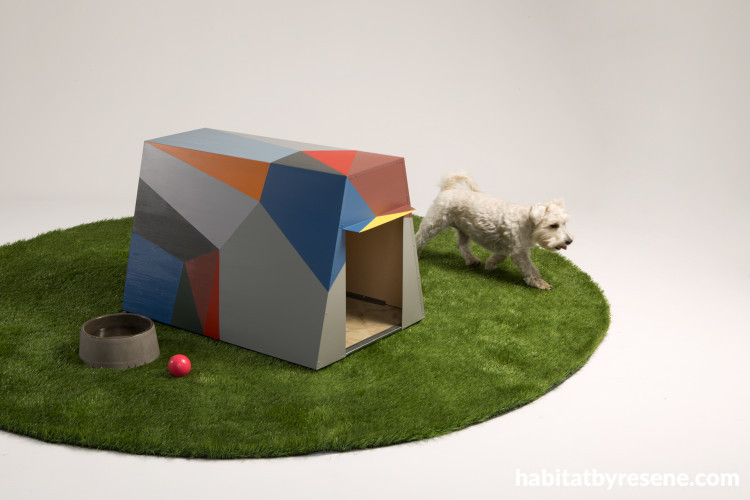 dog house, painted dog house, geometric pattern, paint ideas, resene paint