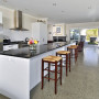 beach house, kitchen, white kitchen, open plan living, concrete floors