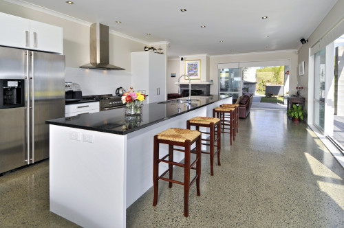beach house, kitchen, white kitchen, open plan living, concrete floors