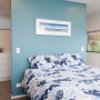 master bedroom, blue feature wall, blue bedroom, blue and white, bedroom, coastal inspired