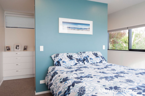 master bedroom, blue feature wall, blue bedroom, blue and white, bedroom, coastal inspired