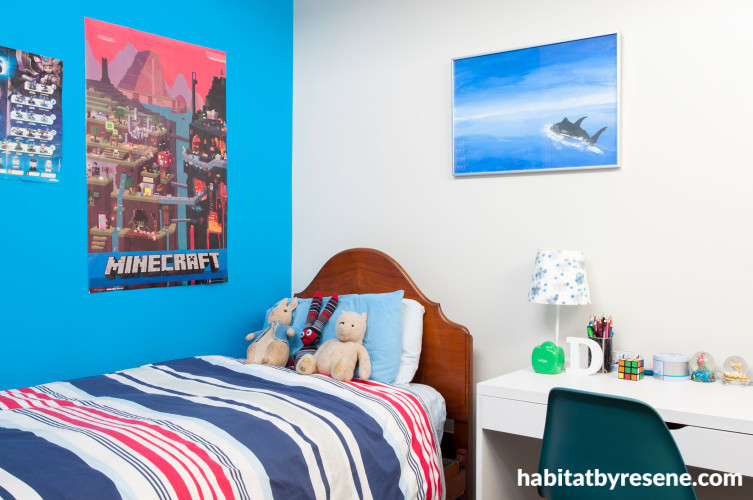 boys bedroom, blue bedroom, kids bedroom, childrens bedroom, blue feature wall