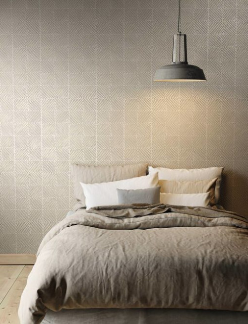 bedroom, earthy tones, earthy bedroom, brown bedroom, wallpaper feature wall, brown interior