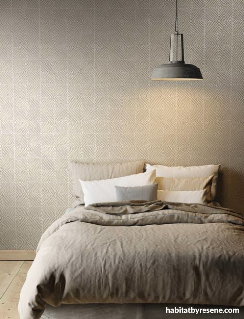 bedroom, earthy tones, earthy bedroom, brown bedroom, wallpaper feature wall, brown interior