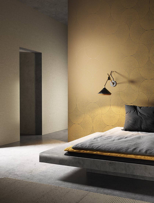 Bedroom, Grey bed, floating bed, wallpaper, printed walls, Resene