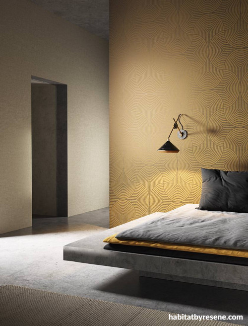Bedroom, Grey bed, floating bed, wallpaper, printed walls, Resene 