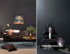 dark feature wall, living room, lounge, brown sofa, nood furniture