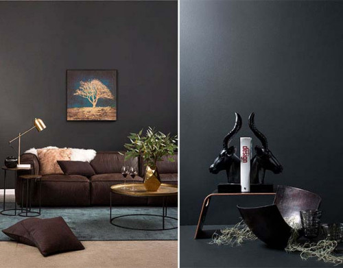 dark feature wall, living room, lounge, brown sofa, nood furniture