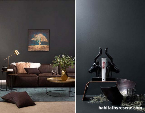 dark feature wall, living room, lounge, brown sofa, nood furniture