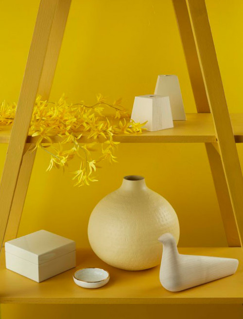 yellow colour palette, shelving display, interior styling, yellow paint, tone, Resene Galliano