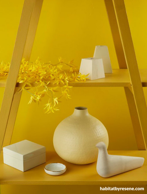 yellow colour palette, shelving display, interior styling, yellow paint, tone, Resene Galliano 