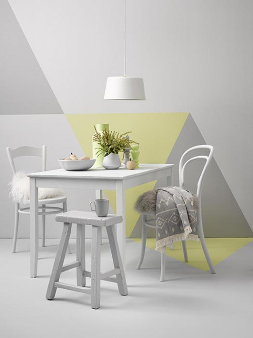 painting triangles, how to paint triangles, green dining room, grey dining room, painting a feature