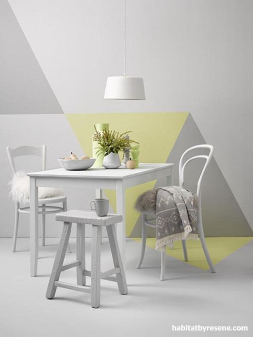 painting triangles, how to paint triangles, green dining room, grey dining room, painting a feature 