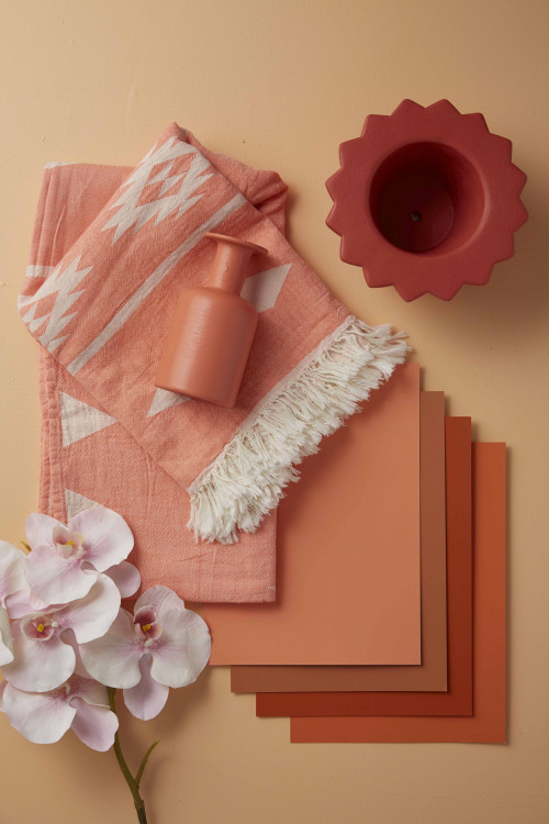 styling ideas, flatlay, design ideas, orange, warm tones, paint swatches, pink, moodboard
