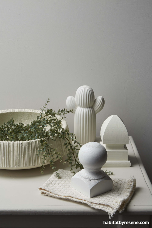 white colour palette, table display, interior styling, white paint, tone, Resene eighth tea