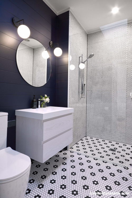 bathroom, bathroom inspiration, bathroom ideas, blue bathroom, blue and white, patterned tiles