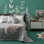 green feature wall, green bedroom, stenciled wall art, vine wall art, nature inspired bedroom 