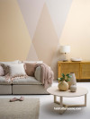 lounge, living room, feature wall, geometric painted pattern, geometric wall, pink, orange