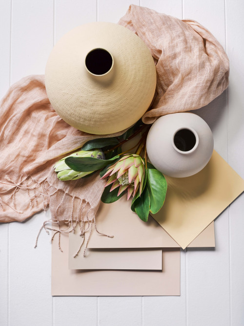 flatlay, moodboard, paint swatches, styling ideas, pink, orange, vases, design ideas