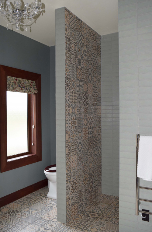 grey, bathroom, green, ensuite, resene templestone, moroccan tiles, castle